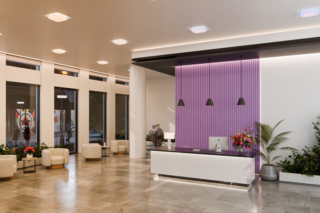the interior of a lobby showing the transition of day lighting to night lighting